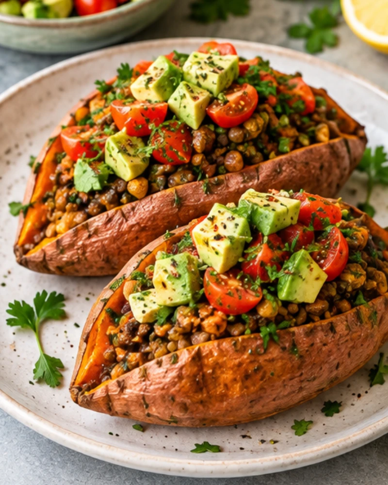 Lentil Stuffed Sweet Potatoes with Avocado